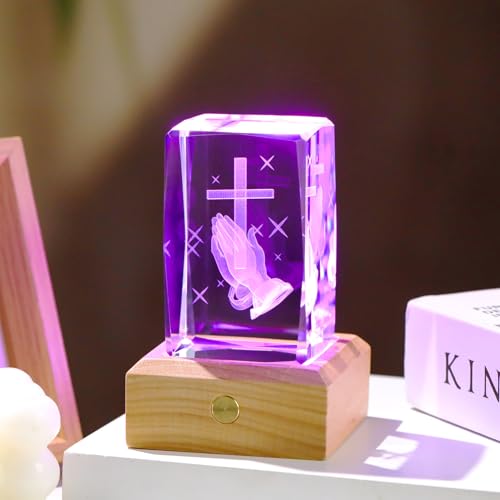 Arikyrist 3D Crystal Praying Hands Statue with Wooden Colorful LED Base Praying Hands With Cross