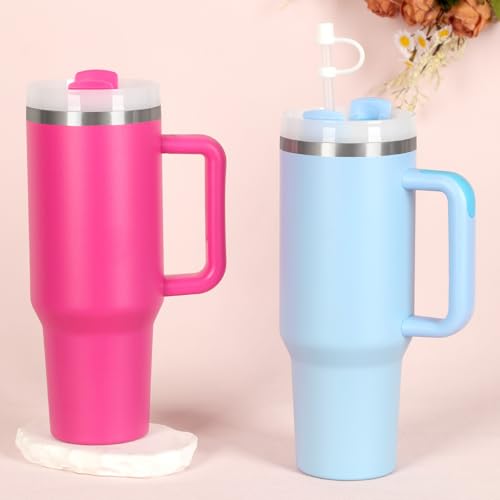 4 Pack 40 Oz Tumblers with Handle Bulk, Double Wall Vacuum Insulated Stainless Steel Tumblers with Lid and Straw, 40 oz Cups with Silicone Spill Proof Stopper Set (Black,Sky Blue,Purple,Hot Pink) Black,Sky Blue,Purple,Hot Pink