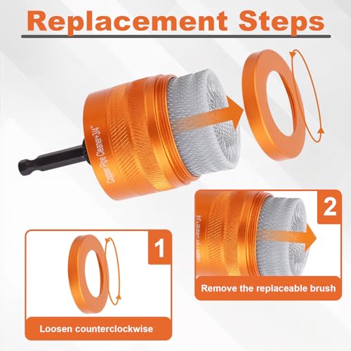 Pipe cleaner, copper pipe cleaner for drilling set - 2-piece, metal pipe cleaning brush set, professional pipe tools, for removing rust stains and paint stains (Orange) Orange