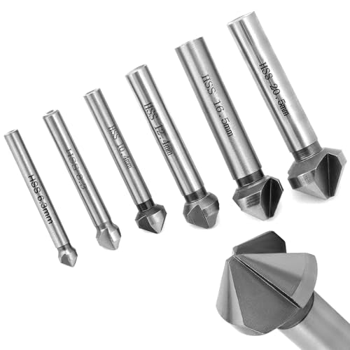 QWORK Countersink 90° 6.3-20.5 mm HSS Steel Countersink Drill Bit for Wood, Metal, Plastic, Pack of 6