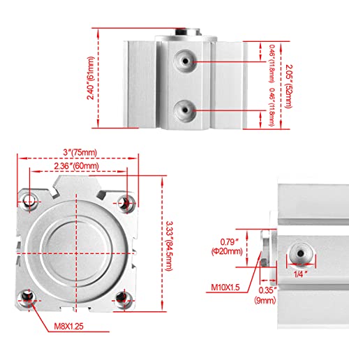 Heschen Pneumatic Compact Aluminum Air Cylinder, SDA 63-20, Bore 63mm, Stroke 20mm, 1/4 PT Port Size, Double Acting