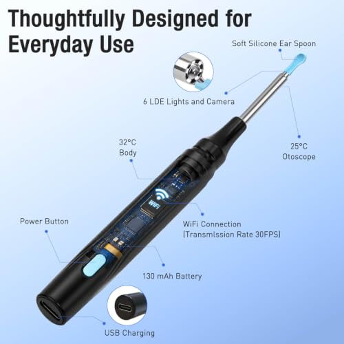 Ear Wax Remover, 8MP HD Ear Cleaner with Camera and 6 LEDs | IP67 Ear Cleaner, WiFi Otoscope Compatible with Android/iOS, 8 Replacement Attachments, for Children & Adults
