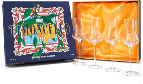 Khen Crystal Limoncello Cordial Glasses | 4 Set | Tall 3.3 oz Long Stemmed Spirit Glassware for Sipping Aromatic Liquor, After Dinner Drink, Digestivem Aperitif, Elegant Cordial Tulip Shaped Stemware