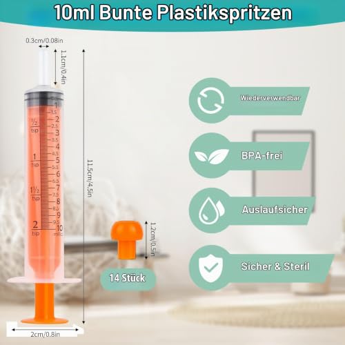 10 ml Reusable Plastic Syringes, Pack of 14 with Cap, 7 Colours | Individually packed and without needle, suitable for colostrum, liquids, clean dosage, crafts and animal feeding