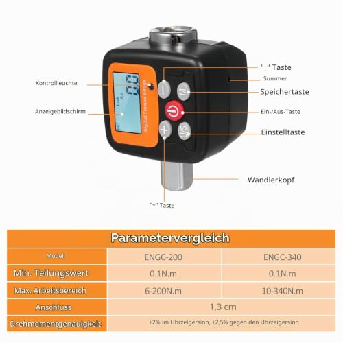 Vislon ENGC-340 Digital Torque Wrench | Digital display, 1/2 inch drive, with sound/light alarm function, high accuracy, 4 torque units, perfect for cars