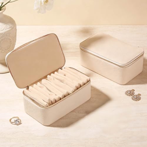 Travel Jewelry Case with 12 Velvet Zipped Pouches Bags, Beige Beige - 12 Pouch