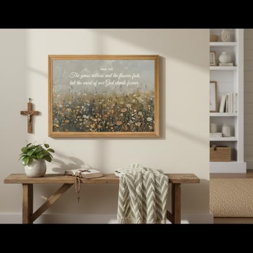 smvexyl Framed Christian Bible Verse Wall Art Canvas, Isaiah 40:8 Scripture Wildflower Meadow Painting Religious Wall Decor Faith Inspirational Picture for Living Room Bedroom Home Decoration 8x10 12x16 16x24 jingwenhua 10"L x 8"W