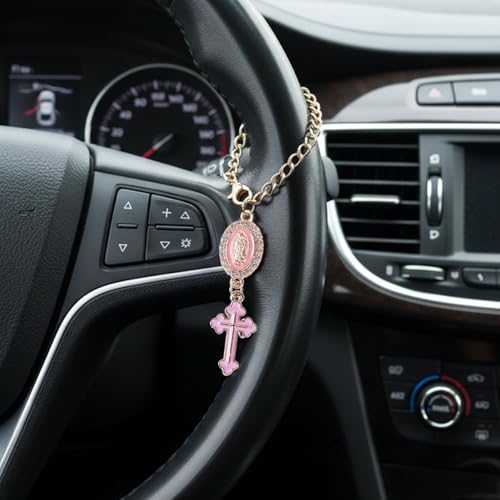 Rosary Car Charm Catholic Cross Virgin Mary Mirror Hanging Pink