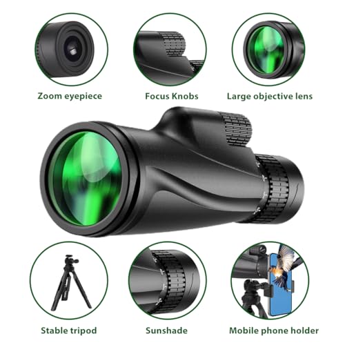 Monocular Telescope 80 x 100 High Powered Monoculars for Adults with Tripod, Monocular for Smartphone Suitable for Bird Watching Larger Vision Monoculars for Adults with BAK4 Prism & FMC Lens Black