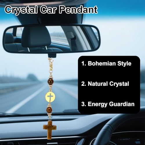 Cross Crystal Car Charm for Rear View Mirror, Cute Boho Car Mirror Hanging Accessories for Women (Yellow) Yellow