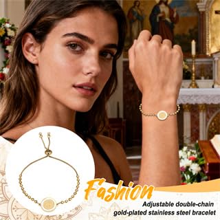 Flongo Saint Benedict Gold Bracelet – Adjustable Stainless Steel Religious Jewellery for Men and Women – Christian Cross Charm Spiritual Amulet Catholic Faith Gift Protection Bracelet a
