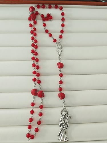 925 Sterling Silver La Santa Muerte Rosary - Satanic, Holy Saint Death Pendant for Women & Men Transparent Red Santa Muerte Rosary