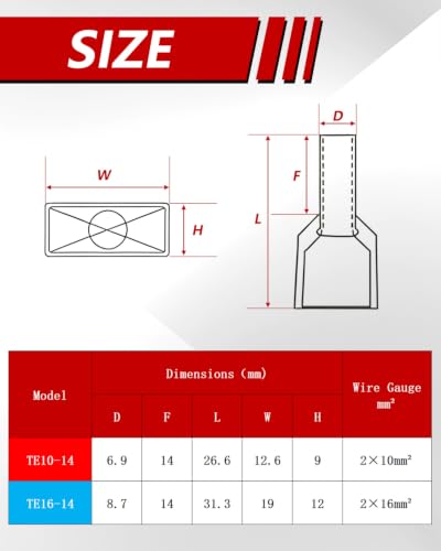 Twin Wire End Ferrules 10 mm² x 14 mm Insulated Cable End Ferrules Pack of | Double wire end ferrules PVC cable sleeves made of tin-plated copper 10mm² 14mm 25