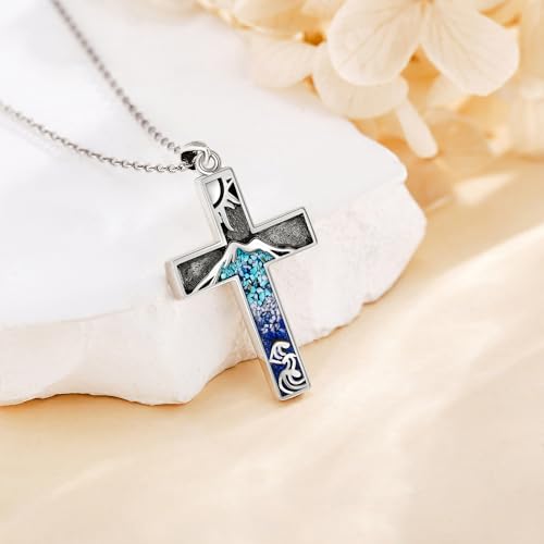 DAYLINLOVE Cross Necklace for Men S925 Sterling Silver Bible Verse/Mountain Angel Wings/Cruz De Caravaca/Celtic Knot/Claddagh/Malachite Pendant Necklace Cross Jewelry Gifts for Men Women Mountain