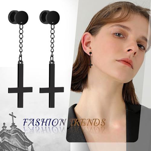 Cupimatch Gothic Inverted Cross Earrings: Stainless Steel Cross Earrings for Men Women Religious Jewelry Gift black