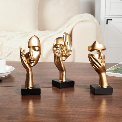 Gold Decor Thinker Statues Set of 3,Golden Abstract Face Resin Sculptures,Home Decor Accents,Office Bookshelf Decor, Shelf Side, Table Decorations for Living Room, Gift for Friends (gold-3Pcs) Gold-3pcs