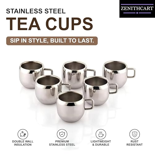 Stainless Steel Tea Cup | Espresso Cups | Chai Coffee Cup | Metal Espresso Cup | Mini Tea Cup | Water Cup For Home or Office- Double Wall (Small Size) | (50 ml Each) | (Set of 6)