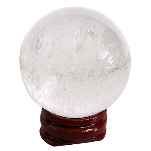 Natural Clear Quartz Healing Crystal Ball with Wood Stand, 40mm Polished Stone Sphere, Collectible Home Decor for Shelf & Desk, Crystal Gifts Rock Quartz