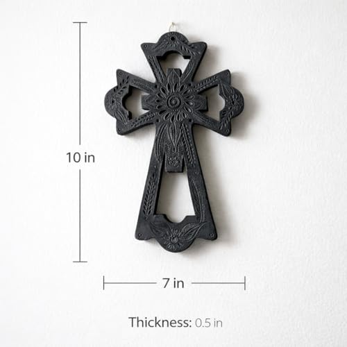Handmade Mexican Black Clay Wall Cross – Christian Religious Decor – Rustic Artisan Cross from Oaxaca – Spiritual Home Accent – 7 x 10 Inch (Flowers) Flowers