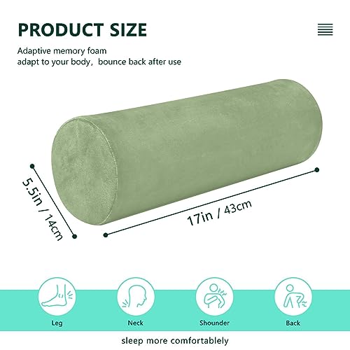 YETTASBIN Sage Green Solid Color Cylinder Round Pillow for Neck Pain Relief, Soft Breathable Bolster Travel Memory Foam Pillow with Removable Washable Cover for Bed Sleeping, Head, Legs and Back 5.5 x 17 Inch