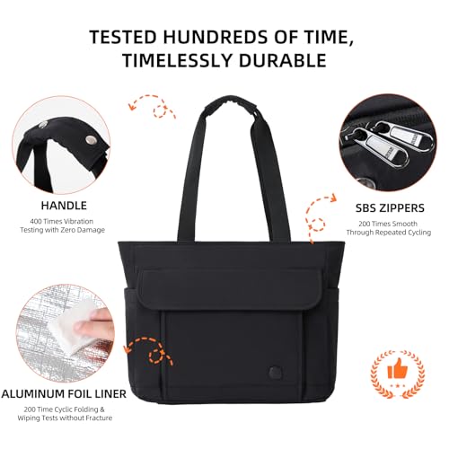 Black Lunch Tote Bag for Women, 15.6-17.3 Inch Laptop Tote Bag with Insulated Lunch Compartment, Leakproof Water-resistant Large Capcity Travel Bag for Work Office Picnic Beach, Elegant Black 23 liters 19