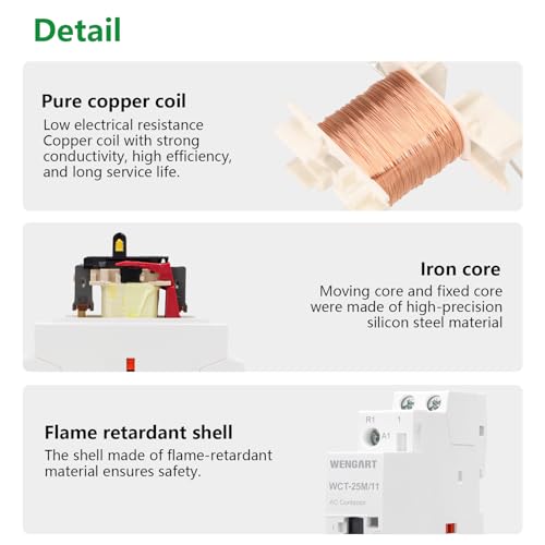 Wengart Humm-Free Installation Contactor 25A AC 230V - 1NO + 1NC (1 N/O Contactor, 1 Opener) - with Manual Control Manual Control - 18 mm (1 TE) - Silent Contactor for Load Dropping & Maintenance 1NO1NC