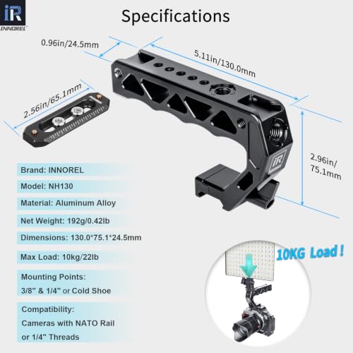 INNOREL NH130 Top Handle and NATO Rail Kit, Comfort Ergonomic CNC Aluminum Alloy Grip, with Quick Release NATO Clamp, 3 Cold Shoes and 1/4" 3/8" ARRI Threads, for Camera Cage Video Rig, Max Load 10kg