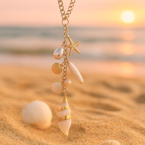 Beach Themed Seashell Hanging Decor, TWPER Boho Gold Keychain Charm for Car Mirror Bag Home, Cute Coastal Gifts for Women