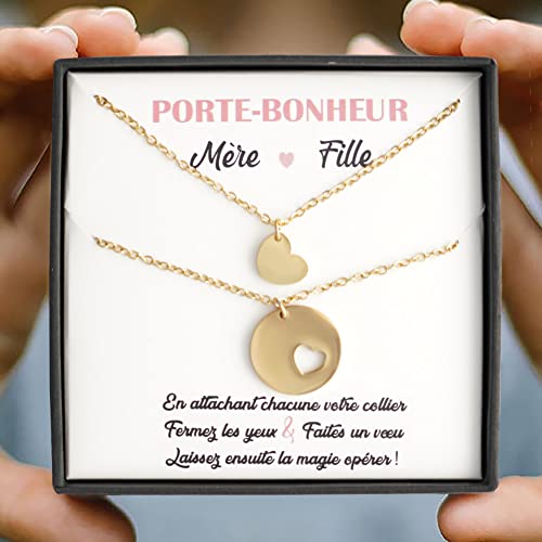 TILOVE Set of 2 necklaces for women with heart pendant mother daughter 2 personalised jewellery in a box with good luck message. Gift idea for birthdays, Christmas, Mother's Day, Stainless Steel