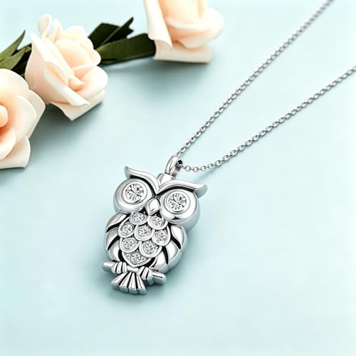 Owl Urn Necklace for Ashes Animal Cremation Men Women Stainless Steel Memorial Keepsake Pendant Chain with Funnel Filler Kit