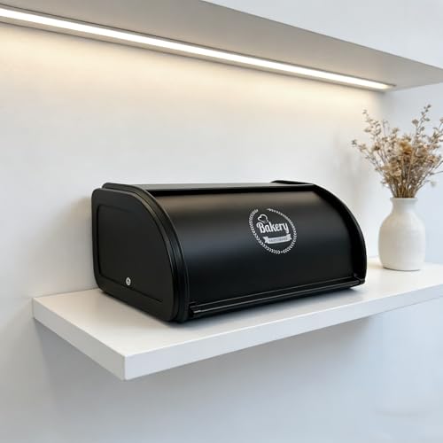 Black stainless steel vintage roll-top bread box by JunWondC, farmhouse style, small size with sleek design and roll-top lid.
