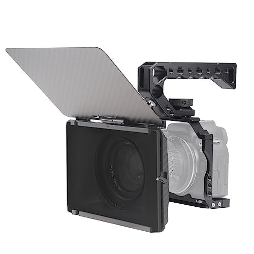 FocusFoto Camera Cage for Canon EOS R10 Mirrorless Camera, Aluminium Video Rig with NATO Rail, Cold Shoe, 1/4" Screw Mouting, 3/8"-16 Locating Pins for Arri Grip, Quick Release Plate for Arca Tripod