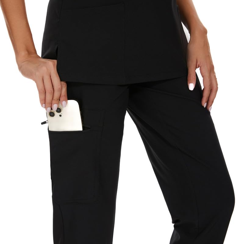 [Australia - AusPower] - Scrubs for Women Set - Stretch V-Neck Scrub Top & Jogger Pant with 8 Pockets Black Medium 