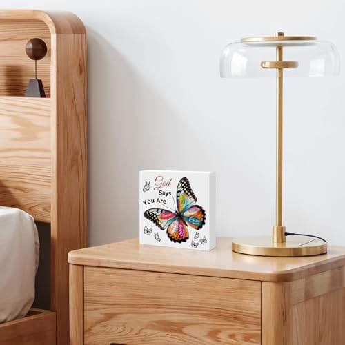 Christian Gifts for Women Birthday Christmas Butterfly Inspirational Gifts for Friends Family Coworker Religious Spiritual Gifts for Her Christian Wooden Sign for Home Office Shelf Desk Decor