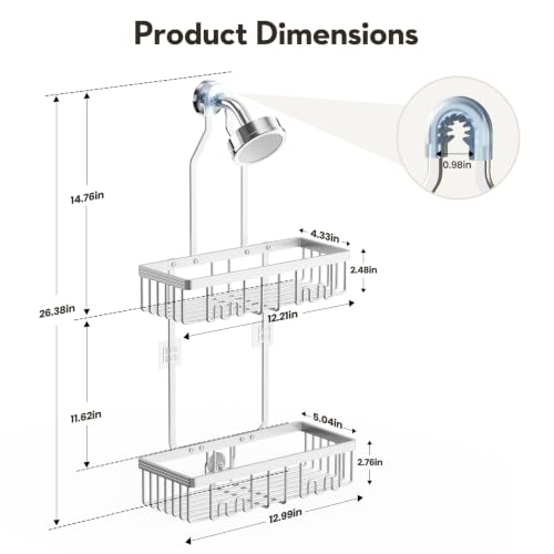 Shower Caddy Hanging, Never Rust Shower Organizer Hanging, Aluminum Shower Racks for Inside Shower with Hooks for Razor, Bathroom Organizers and Storage with Soap Holder, Bright Silver
