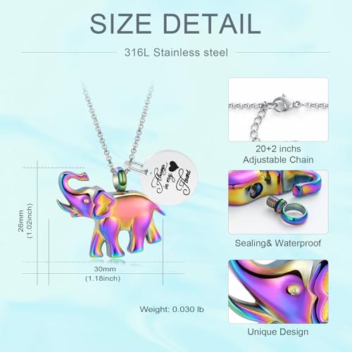 Urn Necklace for Ashes Elephant Cremation Jewelry for Human Pet Ashes Keepsake Memorial Urn Pendant Locket for Women Men Rainbow