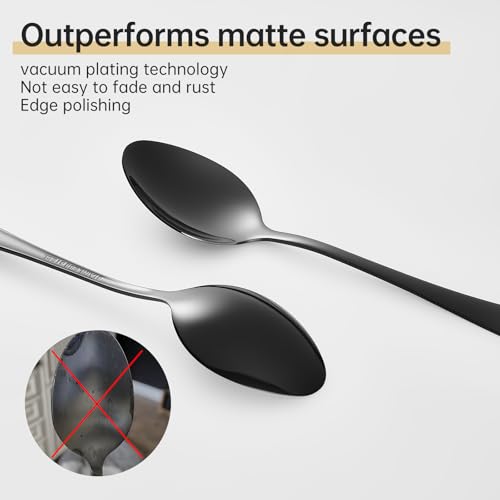 Black stainless steel serving set with 12 forks and 12 spoons, dishwasher safe, 24-piece MNLWSP silverware set for dining.