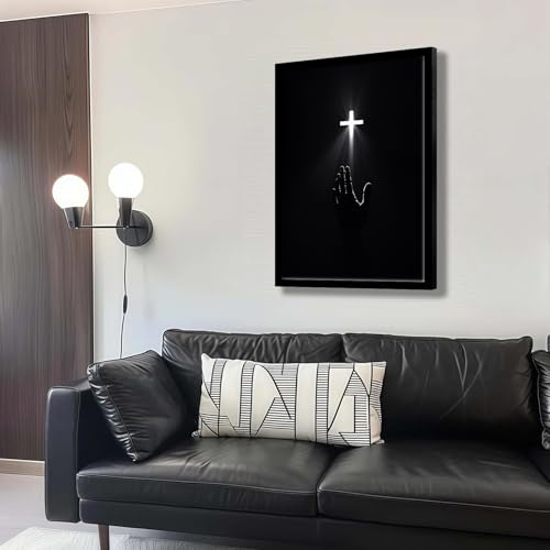 Wood Framed Christian Wall Art Redemption Faith Poster Cross and Hands Black and White Canvas Print Religious Painting Jesus Picture Home Living Room Decor 12x16 Inch Ready to Hang Framed Black Cross 12x16inch