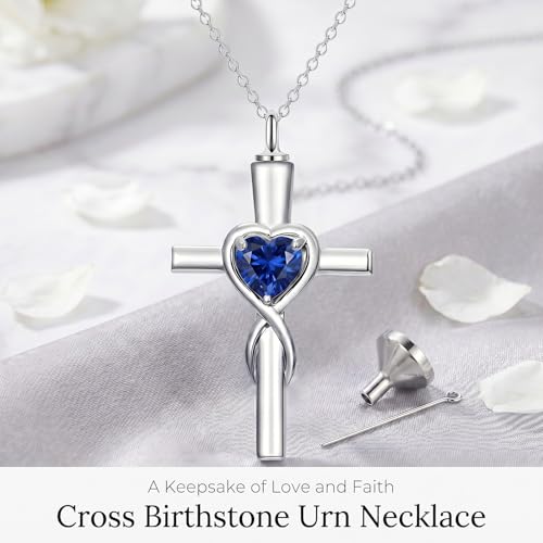 YYB Urn Necklace for Ashes Women Heart Birthstone Cross Cremation Jewelry 009-Sep-Sapphire