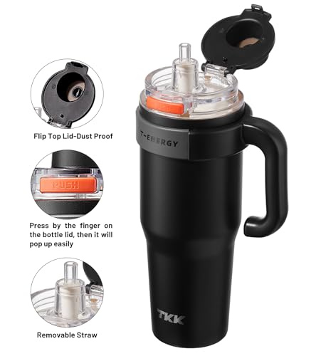 TKK 40 oz Insulated Tumblers with Handle and Straw, Stainless Steel Travel Mug with Ceramic Coating, Leak Proof Double Walled Iced Coffee Cup with Strainer for Hot & Cold Drinks, Black