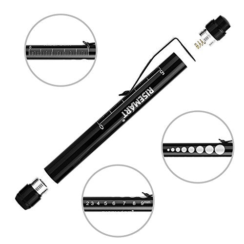 Diagnostic Light Pupil Light, RISEMART Pack of 2 Reusable LED Pen Lamp with Pocket Clip as Nurses Doctors Students Pen Light with 4 Batteries (Black and Silver) Black and silver