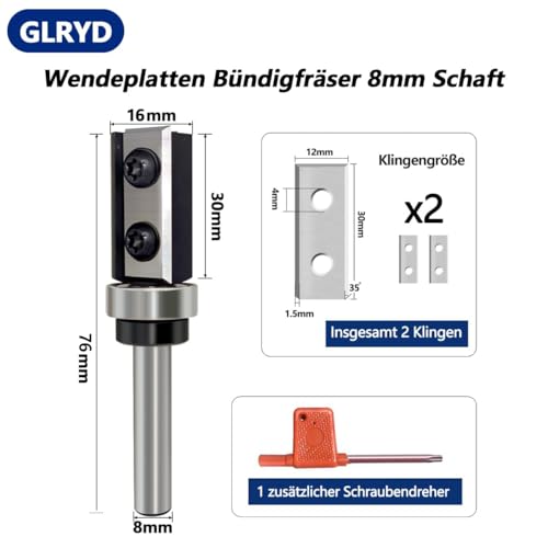 Flush Cutter 8 mm Shank, 30 mm Cutting Length, D = 16 mm, Reversible Plates Flush Cutter, Interchangeable Carbide Blade, with Ball Bearing Wood Cutter, Flush Cutter for Edge Processing S=8 mm, D=16 mm, L=30 mm Flush-Trim Cut