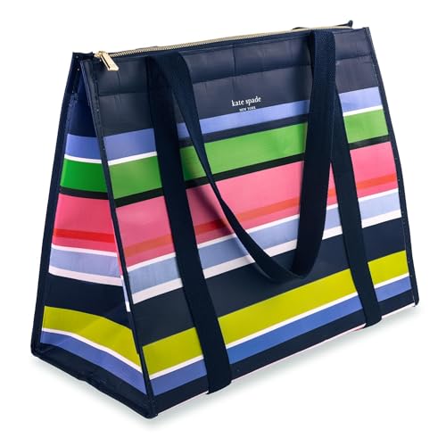 Kate Spade New York insulated reusable grocery tote with bright sunny day stripe pattern and spacious interior.