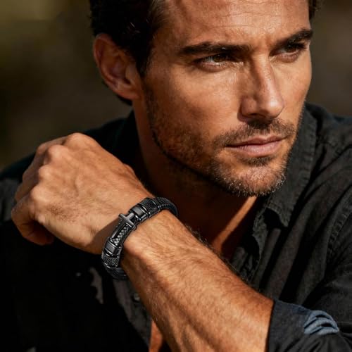 Mens Christian Bracelet, Cross Bracelet for Men, Gifts for Husband Dad Boyfriend Son, Engraved Bible Verse Jewelry, Stainless Steel Cross, Black Braided Leather Bracelets A - Black - Joshua 1:9 Standard - 8.3"