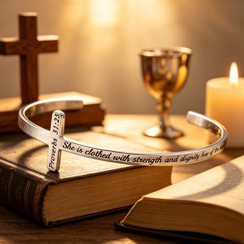 M MOOHAM Silver Cross Bracelet, Christian Gifts for Women "She is clothed with strength and dignity and laughs without fear of the future