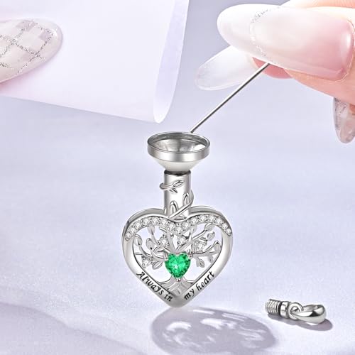 Sterling Silver Tree of Life Heart Urn Necklaces for Ashes - Cremation Memorial Jewelry Keepsake Pendant Necklace with Birthstone May