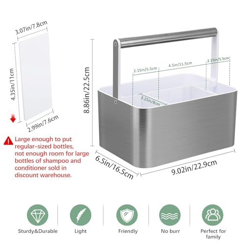 BYUNER Plastic Shower Caddy Dorm - Portable Bathroom Caddy Organizer with Handle and Divider for College Dorm & Shared Bathroom, Hard Shower Tote for Toiletry, Brushed Nickel White Silver / White