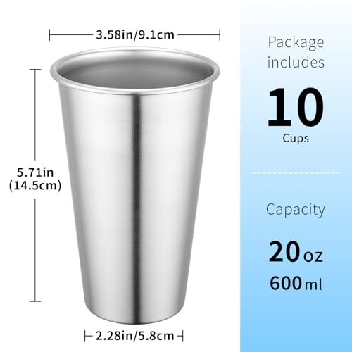 Beasea 20oz Stainless Steel Drinking Cups, 10 Pack 600ml Large Metal Water Tumblers Stackable Shatterproof Unbreakable Stainless Pint Cups for Home Outdoor Party Camping Silver Straight