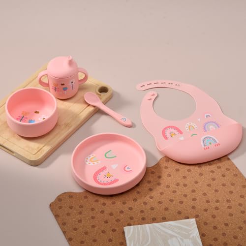 silicone baby feeding set, Baby Led Weaning Supplies，Cutlery Feeding Supplies, Baby Utensils Feeding Essentials for Starting Solids，5 Piece Set (pink) Pink