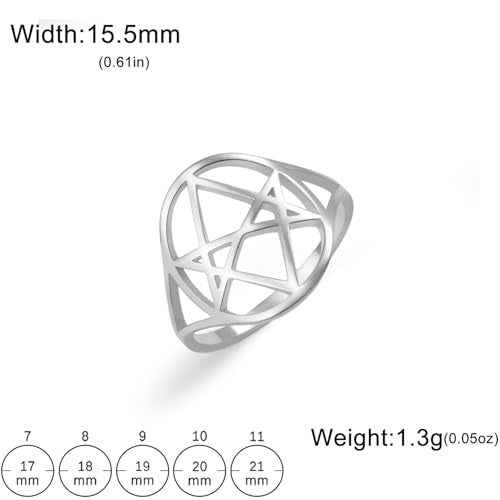 Unicursal Hexagram Symbol Ring 6 Pointed Star Ring Occult Satanic Star of David Talisman Religious Jewellery Gift for Women Men (silver, 8(0.71in))